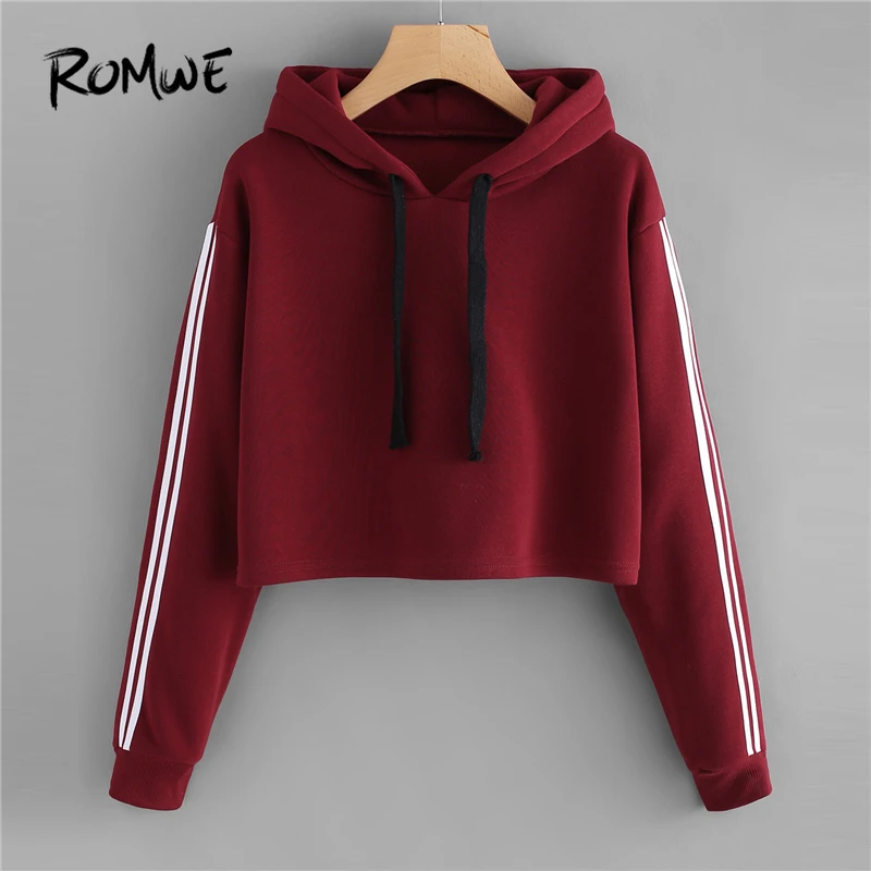 

ROMWE Drawstring Sweatshirt Striped Sleeve Crop Hoodies Women Burgundy Casual Tracksuit Autumn Sportswear Pullover Sweatshirts