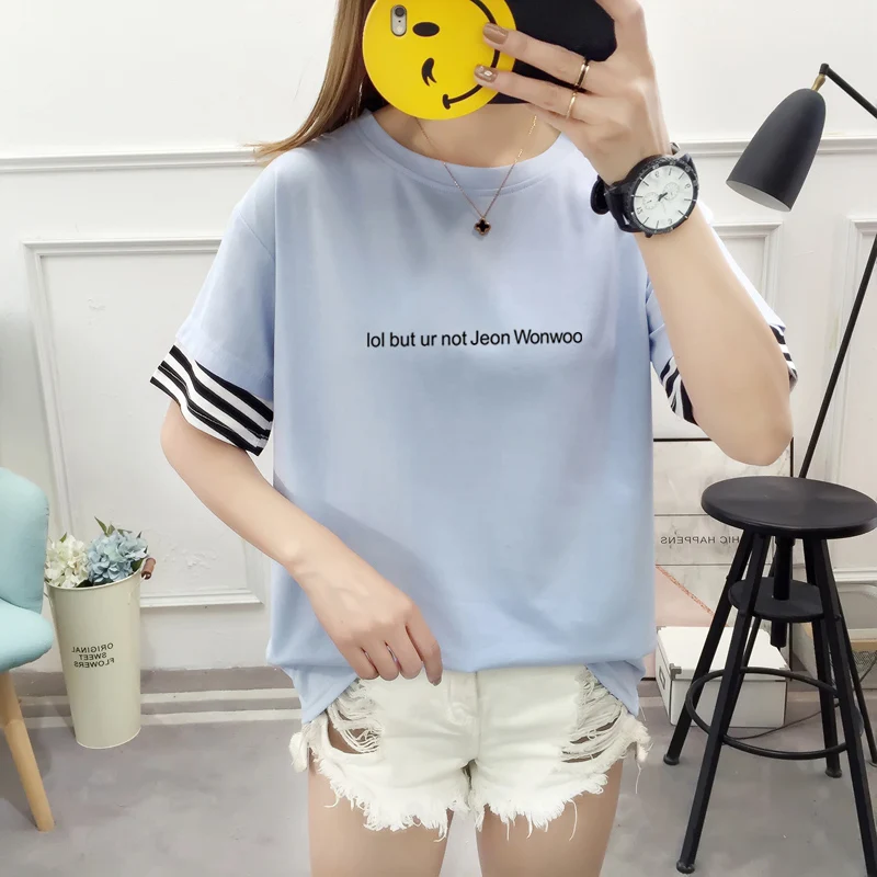 Casual Summer Letter Print Tee Shirt Women's 2019 New Fashion Patchwork Cuffs Short Sleeve T-Shirt Female Top Korean Clothing
Casual Summer Letter Print Tee Shirt Women's 2019 New Fashion Patchwork Cuffs Short Sleeve T-Shirt Female Top Korean Clothing