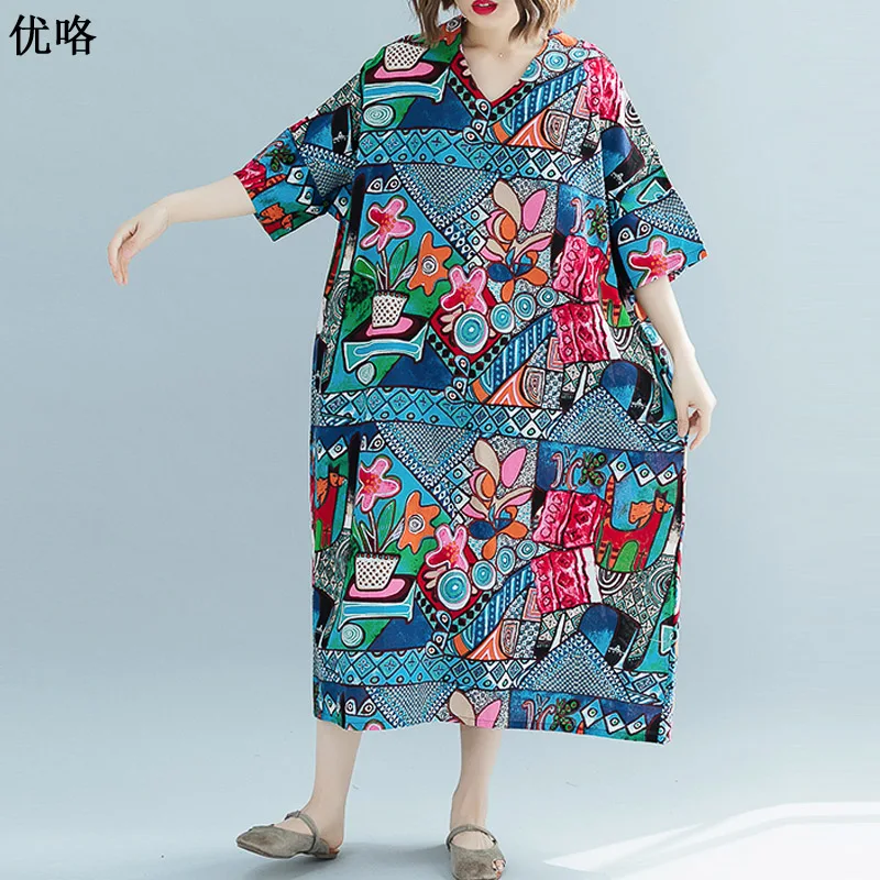 Vintage Batwing V-Neck Long Dress For Women Plus Size 4XL 5XL 6XL Ethnic Print Cotton Dress Femme Summer Loose Dresses Robe 2019
Vintage Batwing V-Neck Long Dress For Women Plus Size 4XL 5XL 6XL Ethnic Print Cotton Dress Femme Summer Loose Dresses Robe 2019