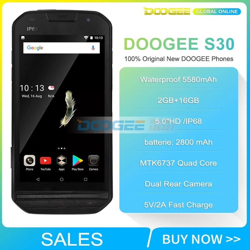 DOOGEE S30 смартфон с 5 дюймовым дисплеем ОЗУ 2 Гб ПЗУ 16 Android 7 0 5580 мАч|mobile phone ip68|mobile phoneip68