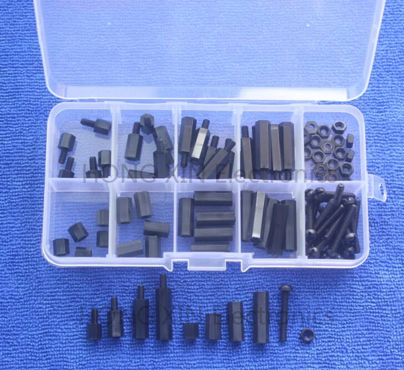 High Quality 88Pcs Black M3 Nylon M-F Hex Spacers Screw Nut Assorted Kit Set Stand-off & Box Electronic Tool
High Quality 88Pcs Black M3 Nylon M-F Hex Spacers Screw Nut Assorted Kit Set Stand-off & Box Electronic Tool