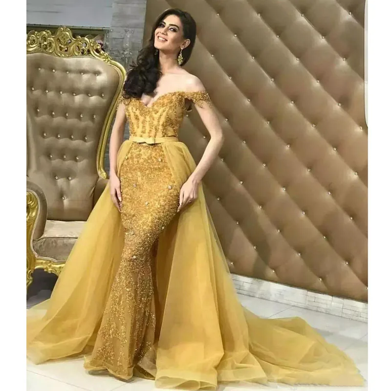 Gold Mermaid Evening Gowns With Tulle Overskirts Glittering Sequins Beaded Off Shoulder Celebrity Prom Gowns Formal Party Dress
Gold Mermaid Evening Gowns With Tulle Overskirts Glittering Sequins Beaded Off Shoulder Celebrity Prom Gowns Formal Party Dress