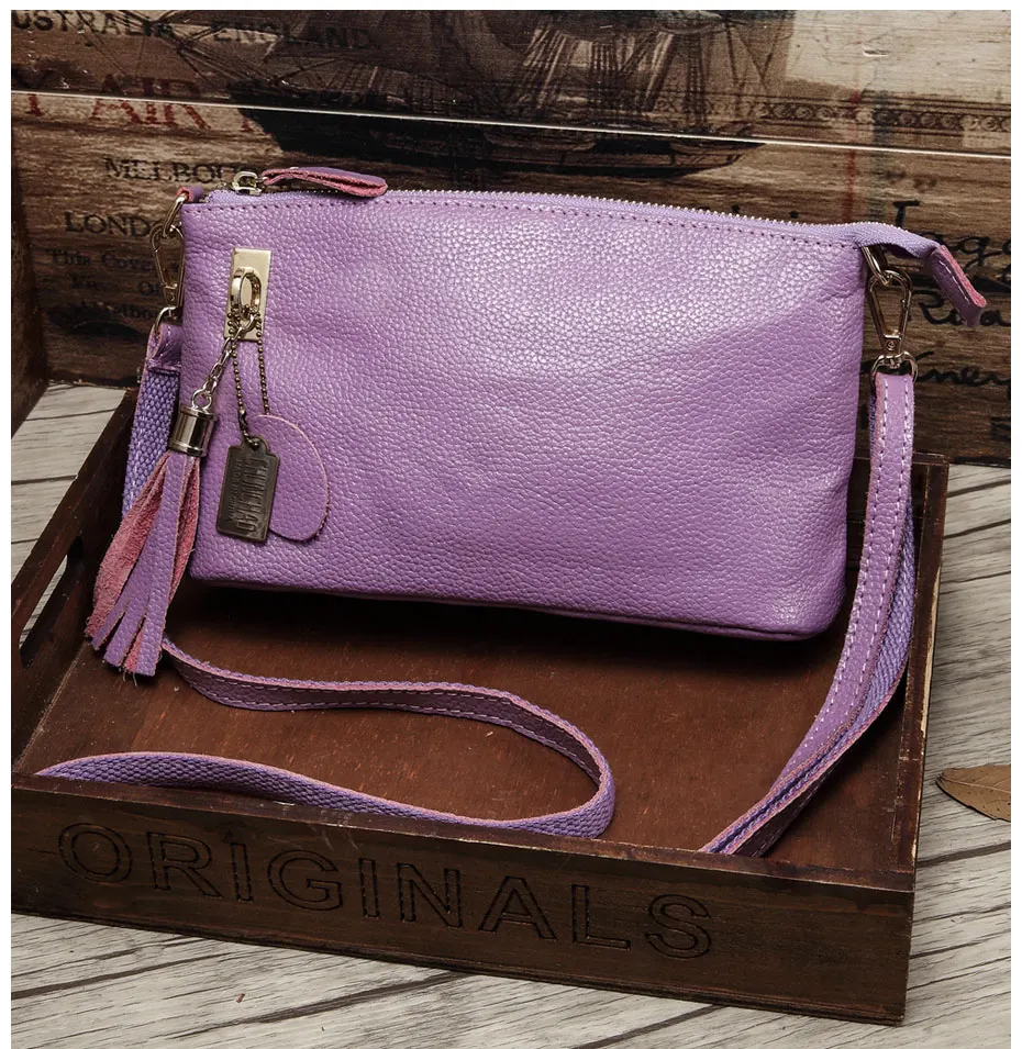 cowhide genuine leather women messenger bags tassel crossbody