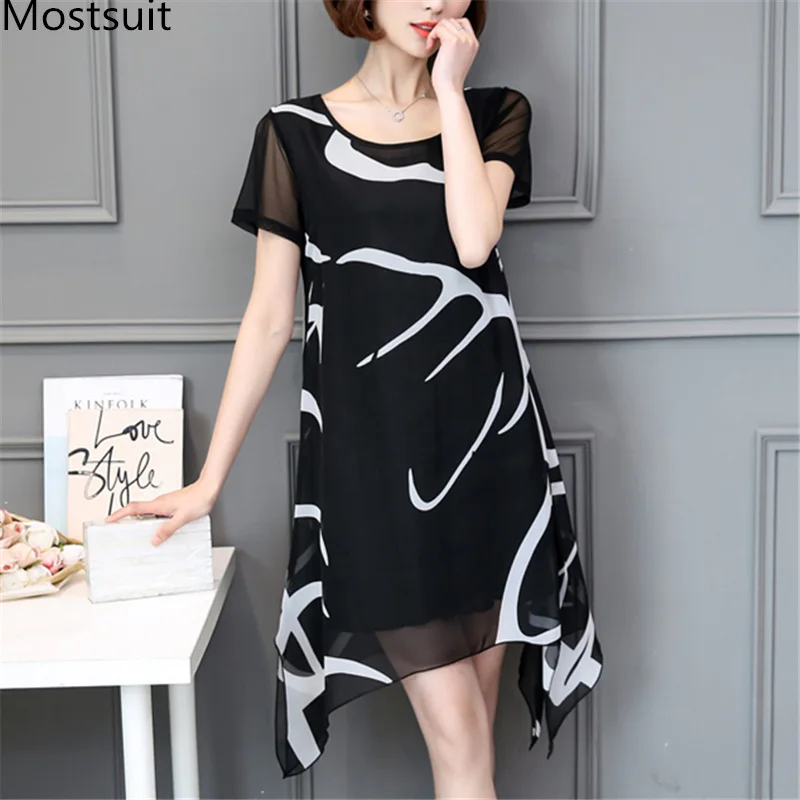 Plus Size Black White Printed Chiffon Dress Women Casual Fashion Elegant Beach Dresses Short Sleeve O-neck Vestidos Mujer 2019
Plus Size Black White Printed Chiffon Dress Women Casual Fashion Elegant Beach Dresses Short Sleeve O-neck Vestidos Mujer 2019