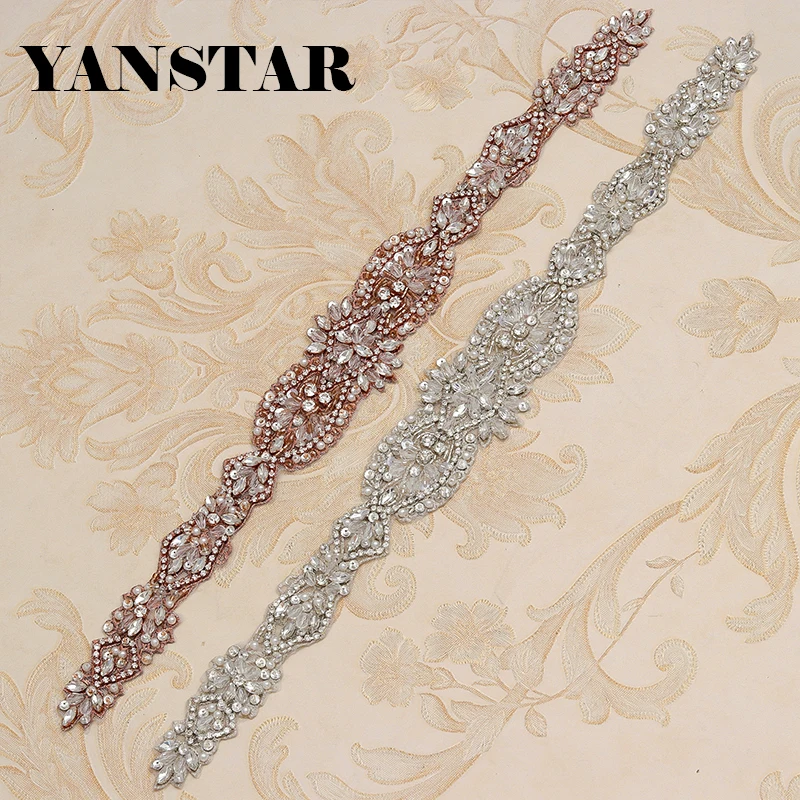 

YANSTAR(10pcs) Wholesale Hand Bridal Rhinestone Applique Sew On For Wedding Dress Sash Rose Gold Crystal Appliques YS864