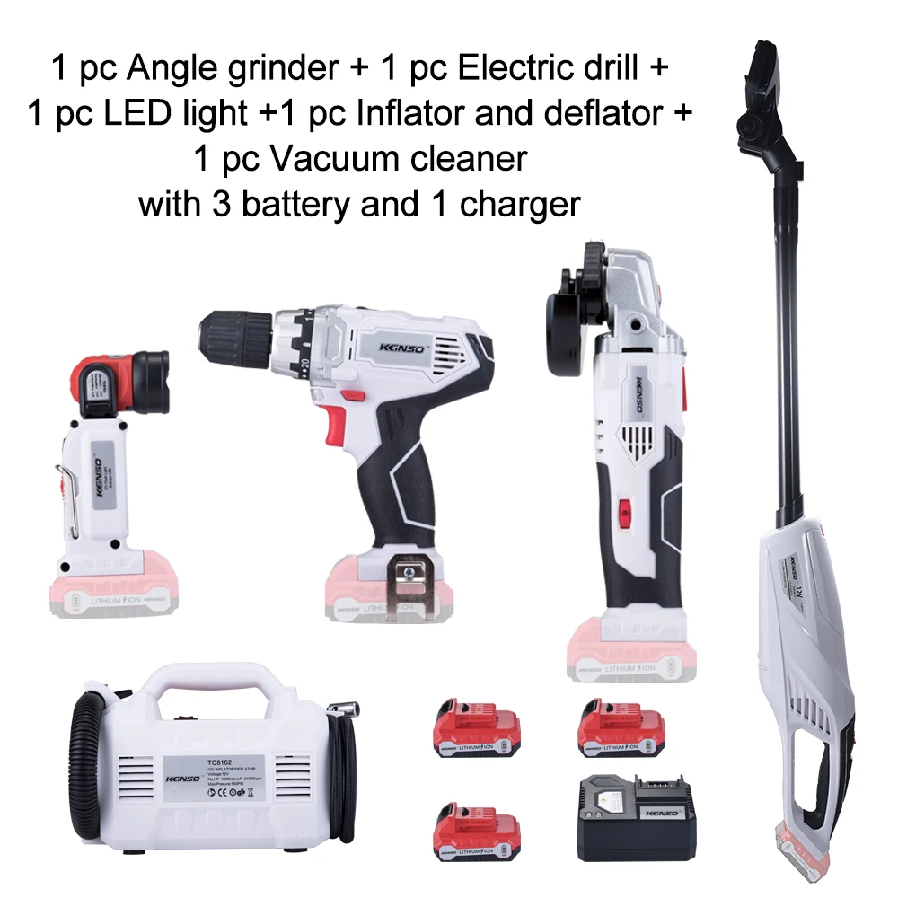 Newone12V Angle grinder Electric drill LED light Inflator and deflator Vacuum cleaner with three lithium battery and one charger
Newone12V Angle grinder Electric drill LED light Inflator and deflator Vacuum cleaner with three lithium battery and one charger