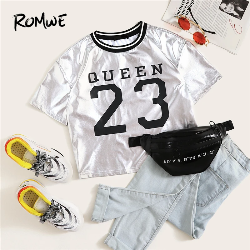 ROMWE Letter And Number Print Metallic Crop Tee 2019 Silver Glamorous Short Sleeve T Shirt Stylish Round Neck Women Top
ROMWE Letter And Number Print Metallic Crop Tee 2019 Silver Glamorous Short Sleeve T Shirt Stylish Round Neck Women Top