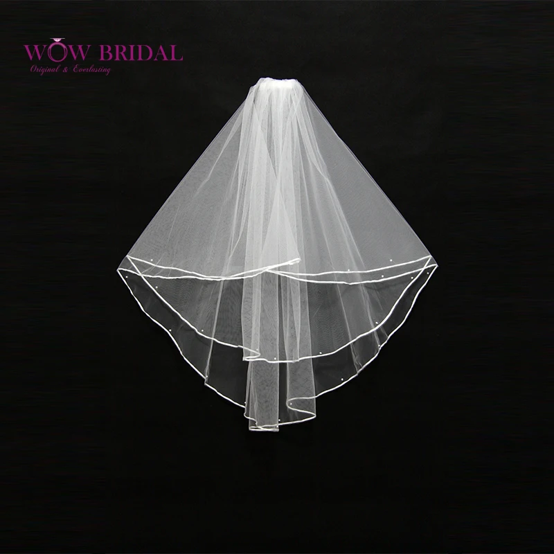 Wowbridal изящная белая Фата невесты 2021 двухслойная Лента Край Кристалл бисер
