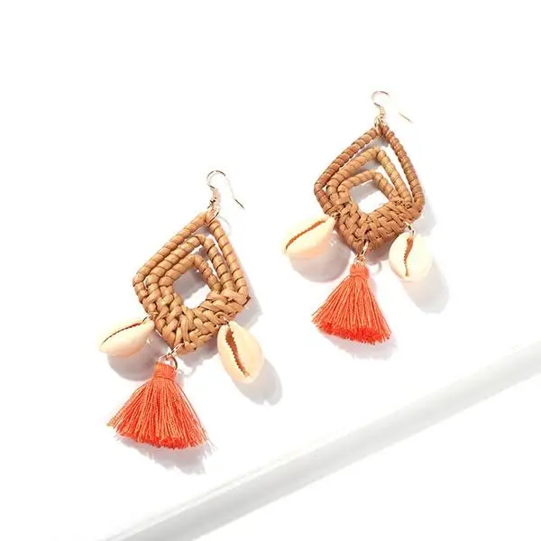 Latest Design Womens Rattan Tassel Wicker Woven Sea Shell Conch Hooks Earrings Jewelry 2019