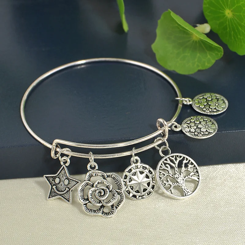 Silver Color Retro Steel Hoop Adjustable Bracelet Stars Flower Life Tree Dangle Bangle Fashion Female Popular Jewelry
Silver Color Retro Steel Hoop Adjustable Bracelet Stars Flower Life Tree Dangle Bangle Fashion Female Popular Jewelry