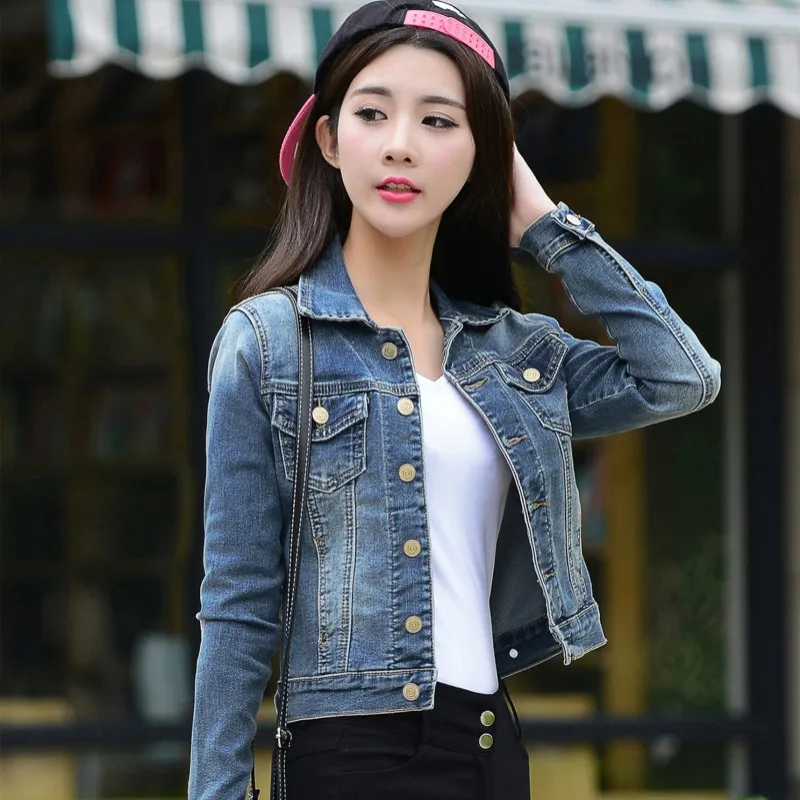Фото Women Slim Denim Jackets Korean Style Vintage Cropped Bomber Jacket Spring Autumn Long Sleeve Jean Casual Button Coat | Женская одежда