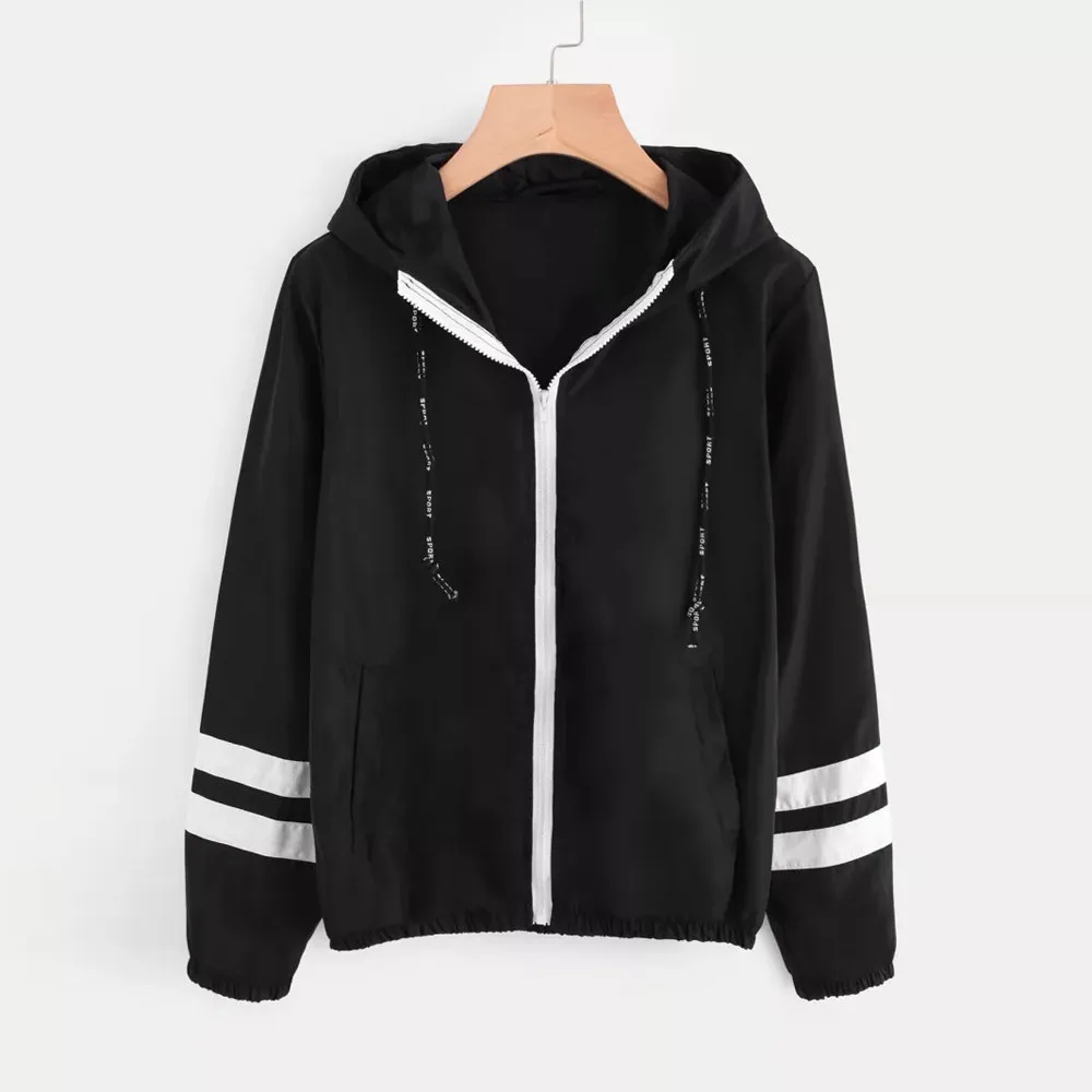 Women Autumn Contrast Ribbons Trim Zip Up Hooded Jacket Jacket Outwear Jacket Windbreaker Girl Striped Patched #H
Women Autumn Contrast Ribbons Trim Zip Up Hooded Jacket Jacket Outwear Jacket Windbreaker Girl Striped Patched #H