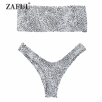 

ZAFUL Bikini Leopard Thong Bandeau Bikini Swimwear Women High Cut Swimsuit Two Piece Strapless Bathing Suit Brazilian Biquni