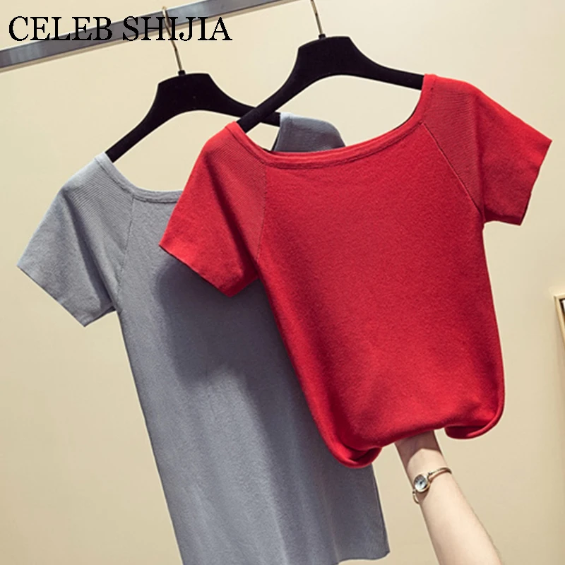 New summer thin knitting short sleeve T-shirt woman O-neck red black gray high elastic kniteed tops Woman render teens
New summer thin knitting short sleeve T-shirt woman O-neck red black gray high elastic kniteed tops Woman render teens