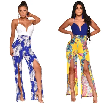 Hot Sale Sexy Leaf Print Strap Sleeveless Off Shoulder Backless Open Slit Pants Women Loose Jumpsuits
Hot Sale Sexy Leaf Print Strap Sleeveless Off Shoulder Backless Open Slit Pants Women Loose Jumpsuits