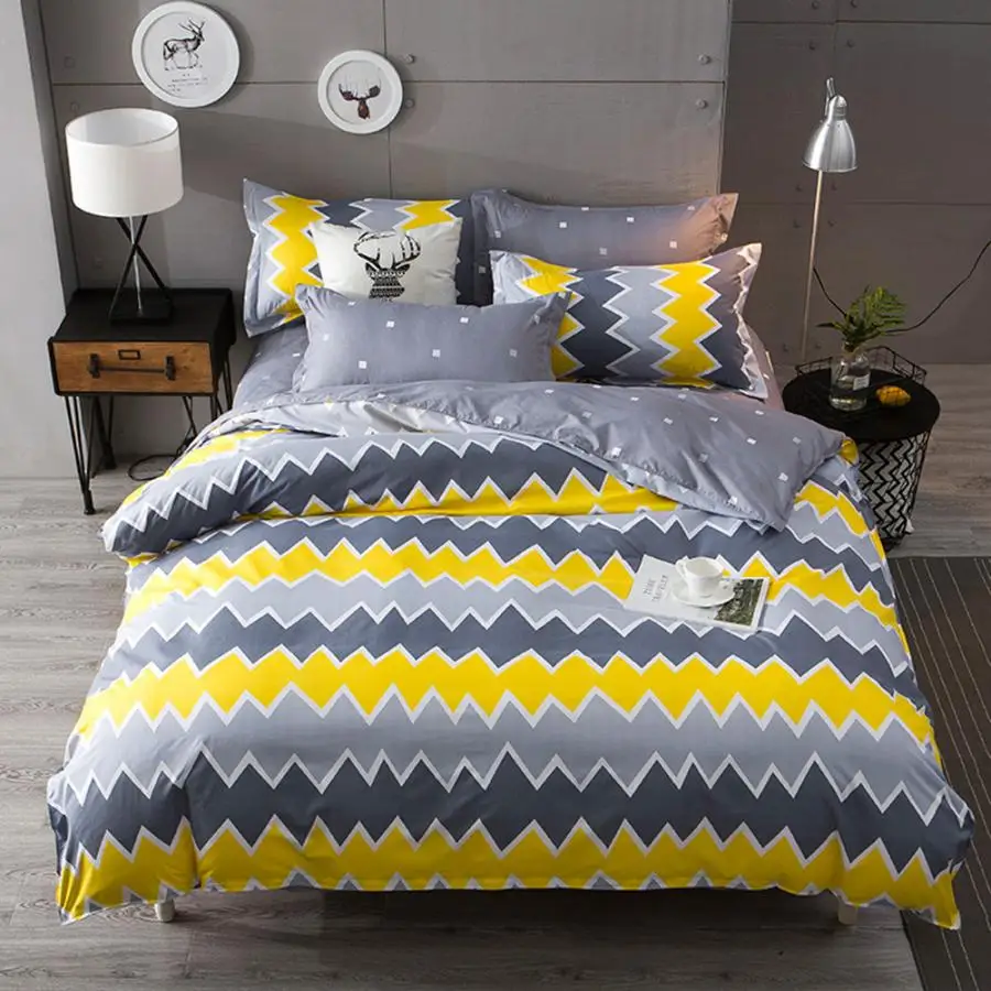 Фото King Size Bedding Comfortable Yellow Waves Printed Flat Sheet Quilt Cover Pillowcases Set Bed Duvet | Дом и сад