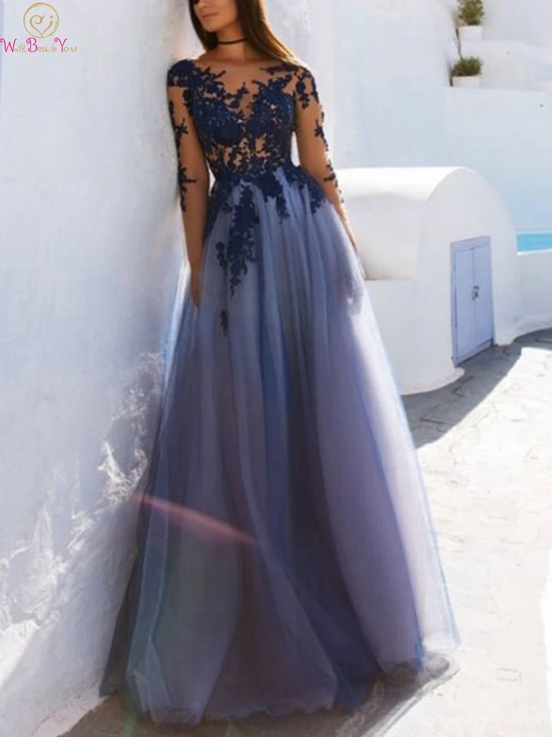 Long Sleeve Appliques Lace Evening Dresses Elegant Blue Scoop Neck A Line Illusion Formal Party Long Gowns robe de soiree 2019
Long Sleeve Appliques Lace Evening Dresses Elegant Blue Scoop Neck A Line Illusion Formal Party Long Gowns robe de soiree 2019