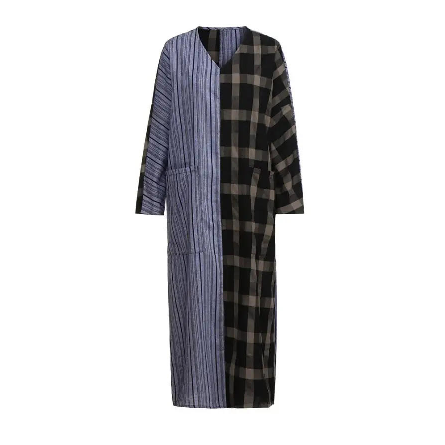 KANCOOLD dress Women Long Sleeve Thin Cotton Loose Long Bohe Pockets Dress Striped Plaid Kaftan dress women 2018AUG1