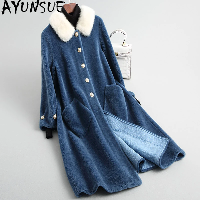 AYUNSUE Women Real Wool Fur Coat Natural Mink Fur Collar 2019 New Korean Long Sheep Shearing Coats Winter Jacket Female 18164-1
AYUNSUE Women Real Wool Fur Coat Natural Mink Fur Collar 2019 New Korean Long Sheep Shearing Coats Winter Jacket Female 18164-1