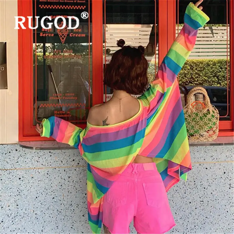 RUGOD Rainbow stripes womens tops and blouses Back split big round neck camisas mujer new fashion casual blusa
RUGOD Rainbow stripes womens tops and blouses Back split big round neck camisas mujer new fashion casual blusa