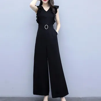 Elegant Black Office Lady Wide Leg Jumpsuit Sashes Sleeveless Summer Rompers Summer V Neck Ruffle Jumpsuits
Elegant Black Office Lady Wide Leg Jumpsuit Sashes Sleeveless Summer Rompers Summer V Neck Ruffle Jumpsuits