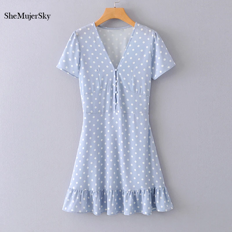 SheMujerSky Summer Blue Women Mini Dress Dot Print Ruffles Hem Short Sleeve Beach Dress 2019 sukienki damskie
SheMujerSky Summer Blue Women Mini Dress Dot Print Ruffles Hem Short Sleeve Beach Dress 2019 sukienki damskie