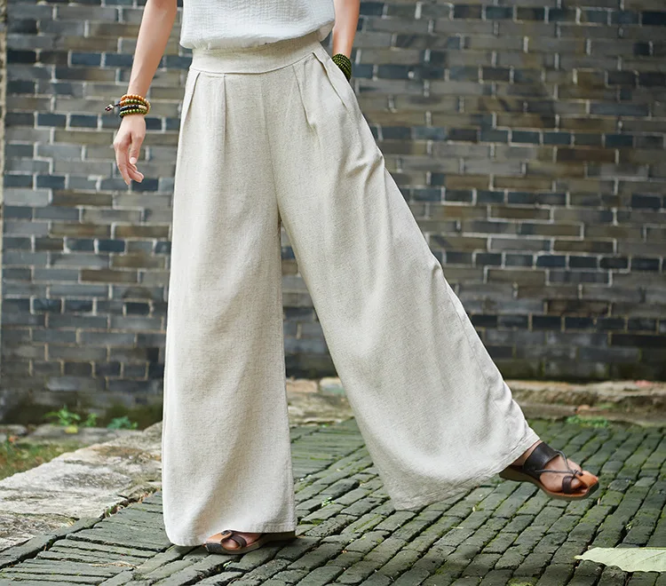 LZJN 2019 Spring Summer Culottes Pants Vintage Cotton Linen Pants Loose Full Length Trousers Women Wide Leg Pants White 3 Colors (22)