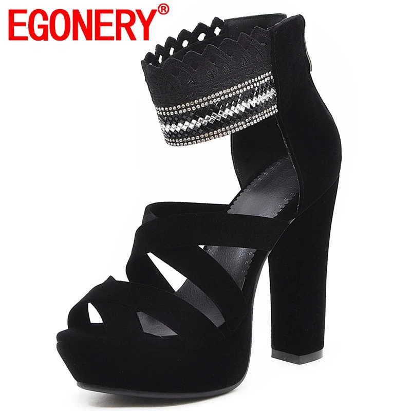 

EGONERY shoes woman 2019 summer newest fashion sexy flock crystal woman sandals outside super high spike heels platform shoes