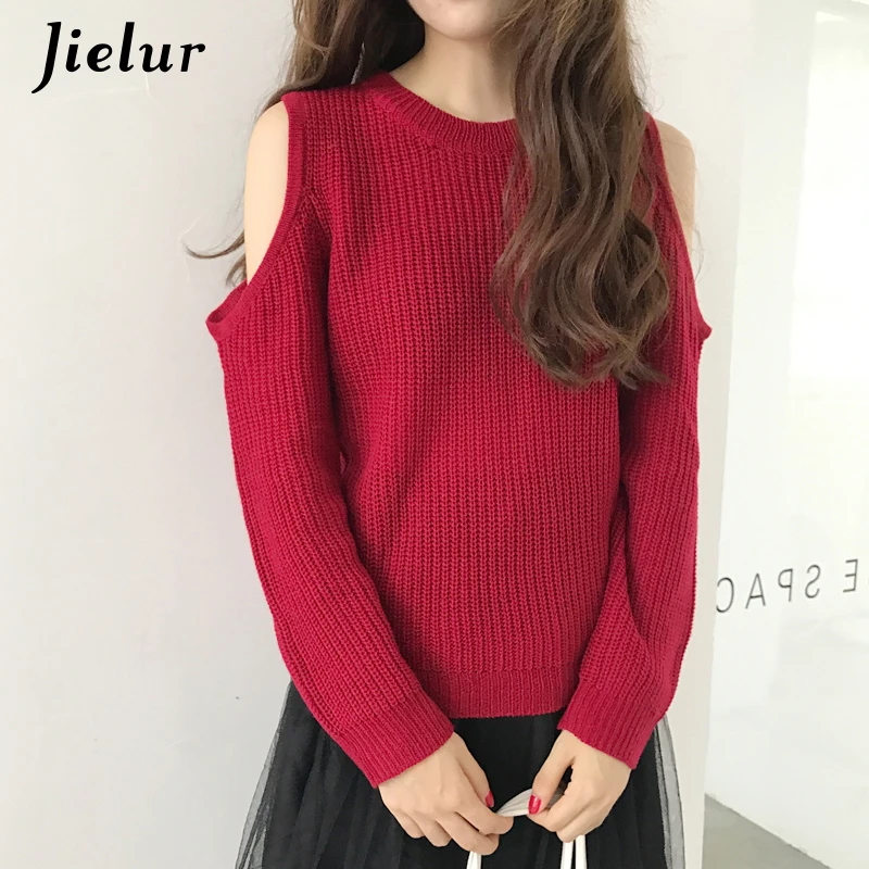 Jielur Harajuku Hollow Shoulder Sweater Women korean Style Sexy Wine Red Pull Femme Solid Color Sueter Mujer Autumn Winter 2019 | Женская