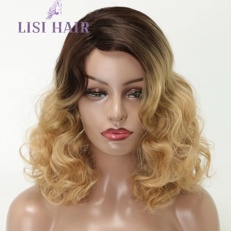 LISI HAIR Short Wavy Blonde Ombre Brown Synthetic Heat Resistant Fiber Wigs For Black Women For Wedding Cosplay Women's Daily (5)