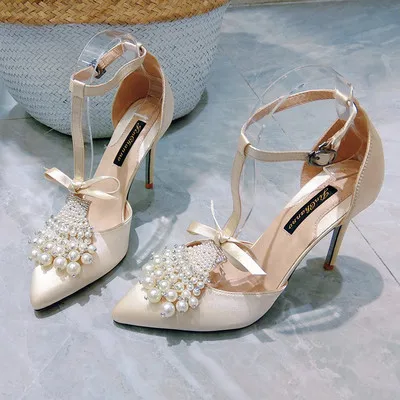 Bling Women Shoes Sandals Crystal Queen Summer Women Pearl Wedding Shoes Thin High Heels 8-10CM Bridal Shoes Sandals Pumps