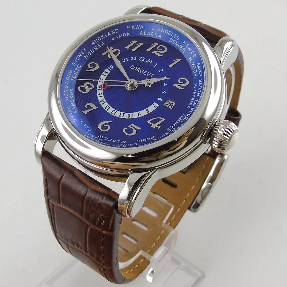 Corgeut 43mm Newest Blue Dial Blue Hand GMT Date Window mineral glass Hot top brand Luxury Automatic Mechancial Mens WristWatch 
Corgeut 43mm Newest Blue Dial Blue Hand GMT Date Window mineral glass Hot top brand Luxury Automatic Mechancial Mens WristWatch