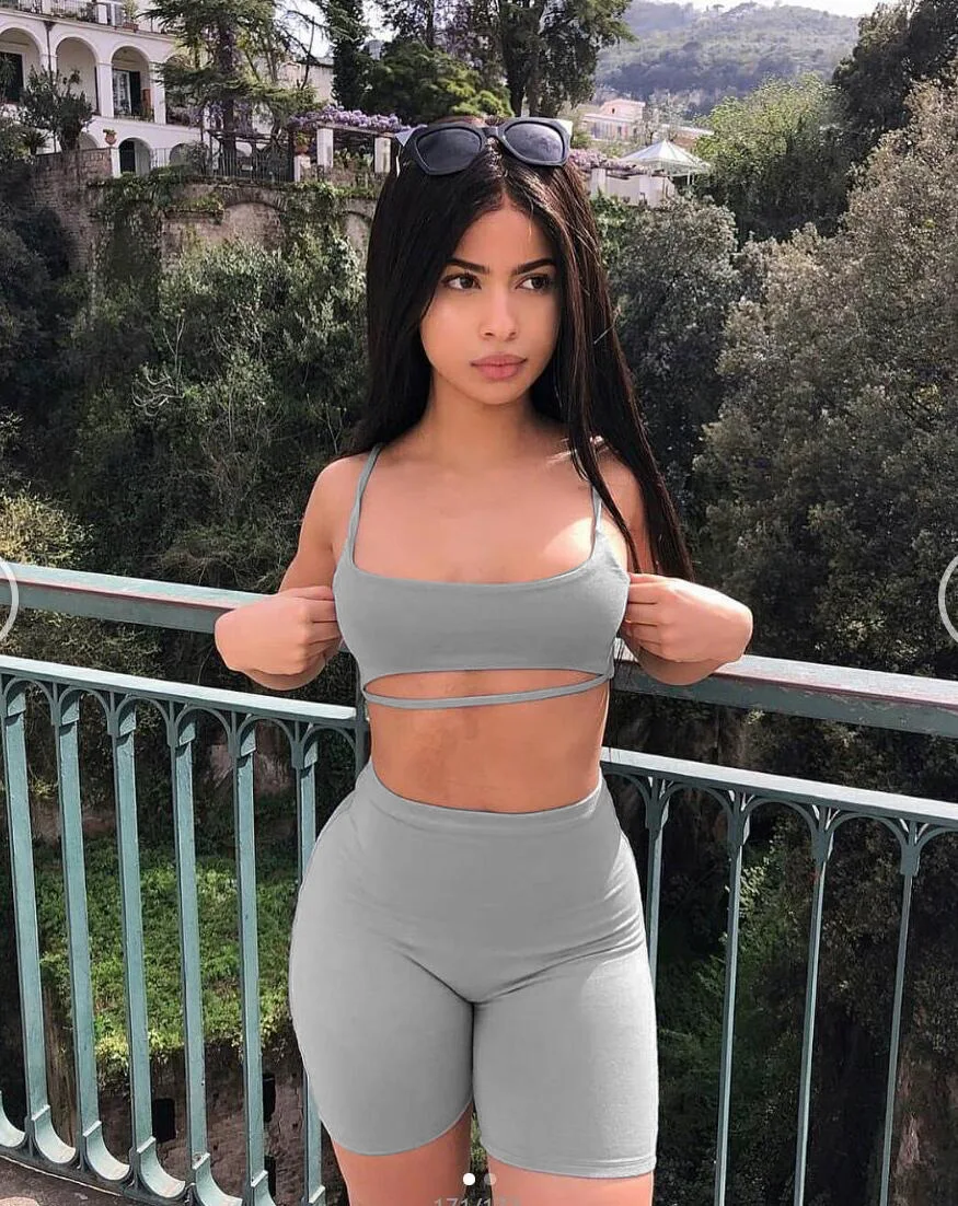 BOOFEENAA Sexy Short Two Piece Set Crop Tops and Biker Shorts Grey Black Bodycon Matching Sets Summer Clothes for Women C83-I71 20