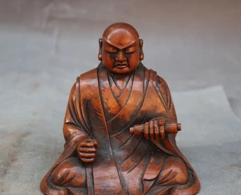 Old China Buddhism Joss Boxwood Wood Hand-Carved Arhat Rohan Buddha God Statue