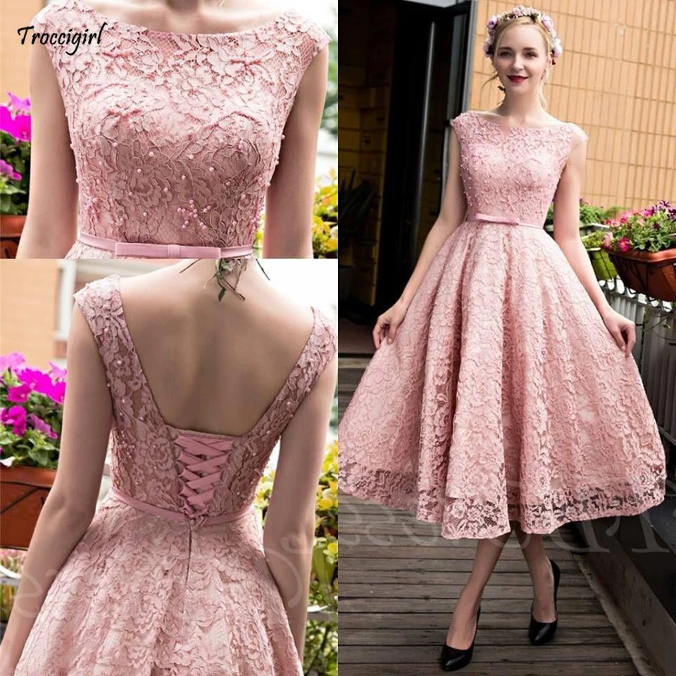 19-1 2017 New Blush Pink Elegant Tea Length Full Lace Prom Dresses Bateau Neck Cap Sleeves Corset Back Pearls A-line Party Gowns with Bow