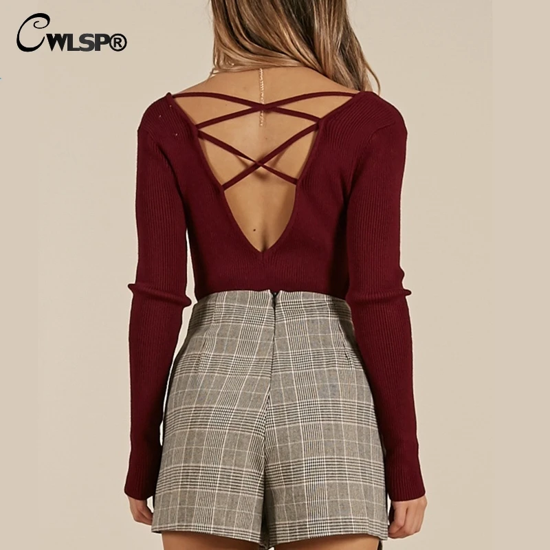 CWLSP 2018 Fashion Women Sweaters Solid Back Cross Pullover V Neck Long Sleeve Autumn&Winter Female Hollow Out Tops QZ2949 
CWLSP 2018 Fashion Women Sweaters Solid Back Cross Pullover V Neck Long Sleeve Autumn&Winter Female Hollow Out Tops QZ2949