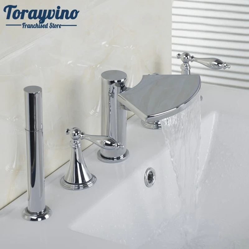 

Bathroom 5pcs Set 3 Handles basin Taps With Handle Shower Deck Mounted Waterfall Faucets Mixer Taps Bathtub Bathroom Faucet
