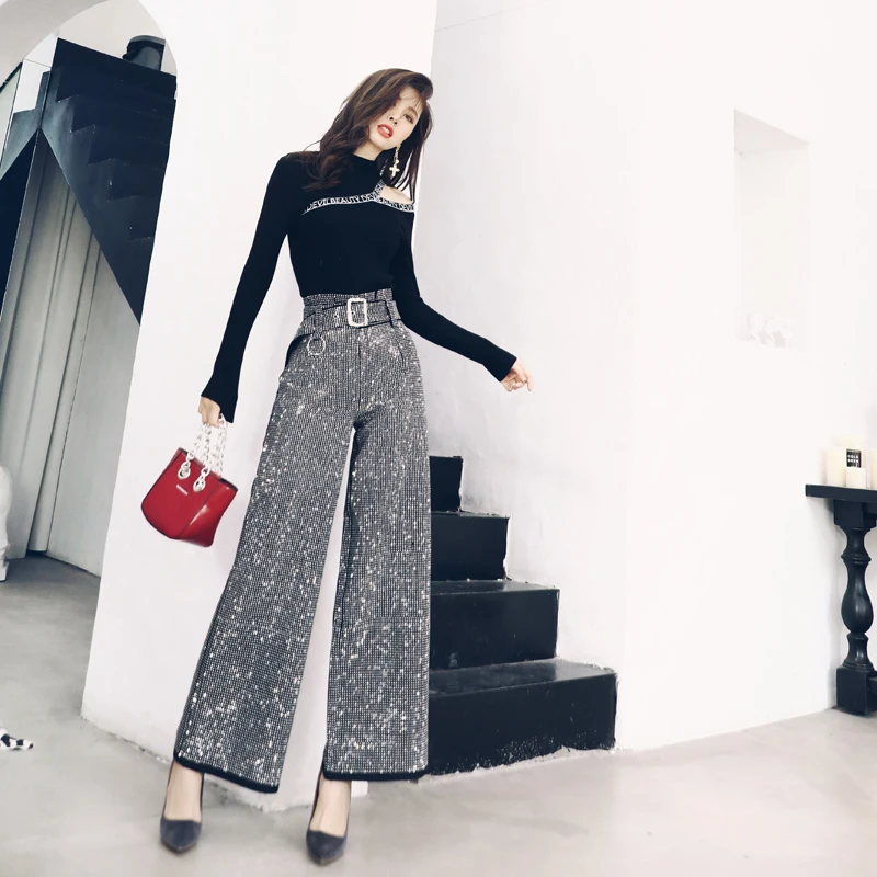 Women cut out black sexy sheath knit sweater letters tops + bling bling wide leg long pants suits 2 piece set new 2019 spring
Women cut out black sexy sheath knit sweater letters tops + bling bling wide leg long pants suits 2 piece set new 2019 spring