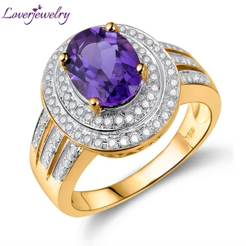 

LOVERJEWELRY Women Rings Solid 14K Yellow Gold Diamond Fine Jewelry Oval Natural Amethyst Rings Gift For Girlfriend Anniversary