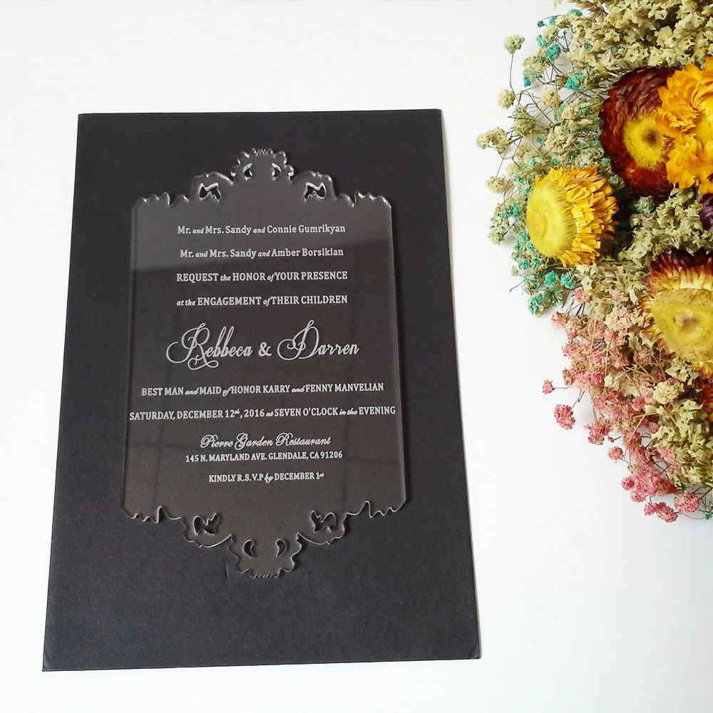 Customized 110*180mm laser engraved letters Hollow pattern clear acrylic wedding invitation card (1lot=100pcs)
Customized 110*180mm laser engraved letters Hollow pattern clear acrylic wedding invitation card (1lot=100pcs)