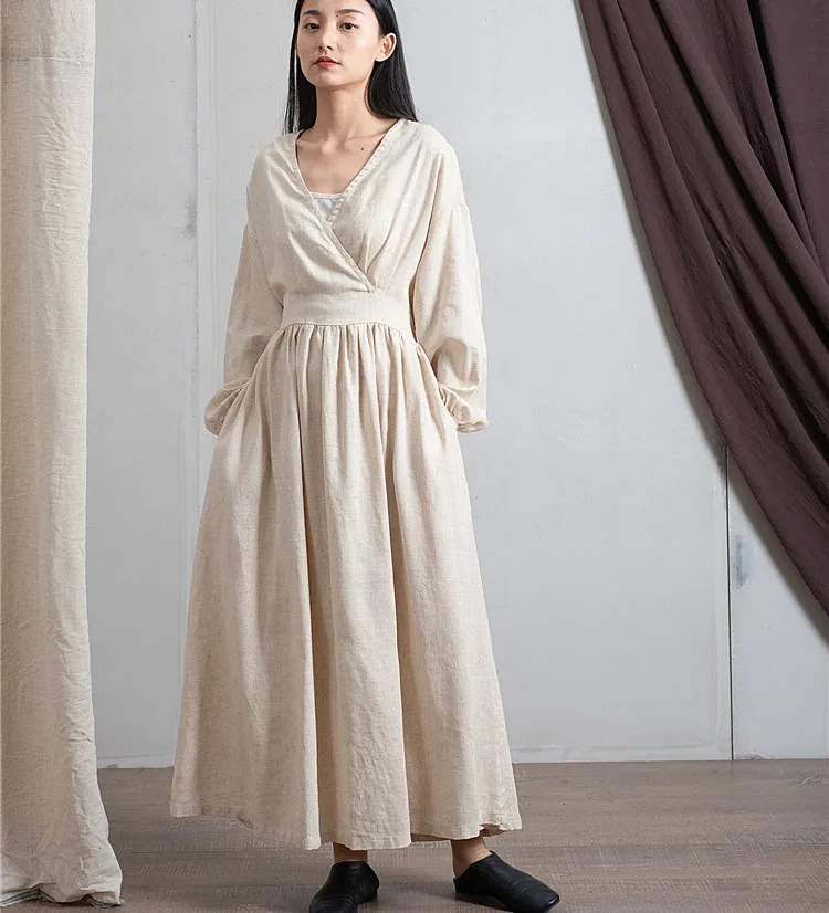Fashion V Neck Batwing Sleeve Large Hem Draped With Sash Cotton Linen Dress, Beige Black Red Long Pleated High Quality Lady Robe
Fashion V Neck Batwing Sleeve Large Hem Draped With Sash Cotton Linen Dress, Beige Black Red Long Pleated High Quality Lady Robe