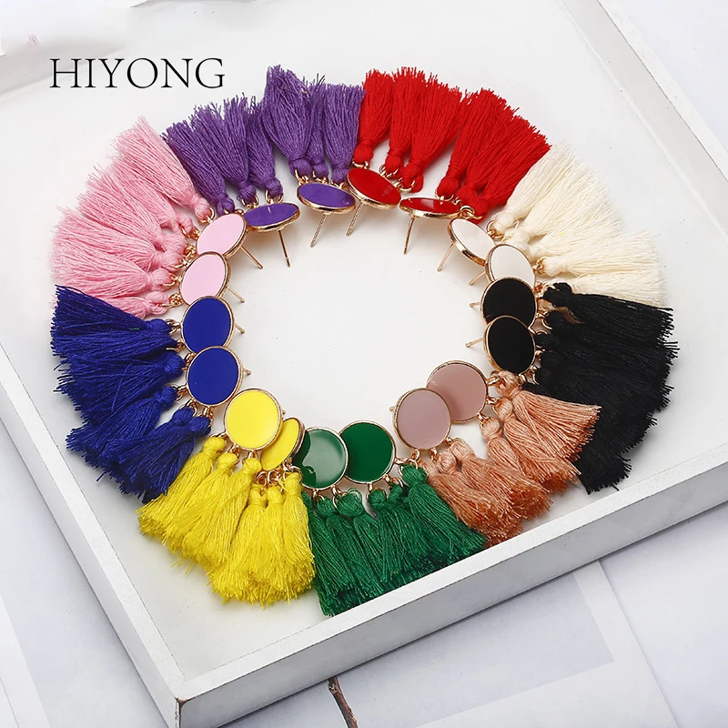 

HIYONG New Bohemia Statement Tassel Earrings Gold Color Round Drop Earrings for Women Wedding Long Fringed Earrings Jewelry Gift