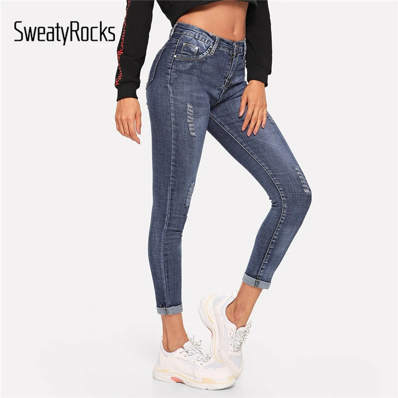 

SweatyRocks Solid Ripped Cuffs Skinny Jeans Streetwear Zipper Fly Blue Women Jeans 2019 Fashion Spring Casual Pants And Trousers