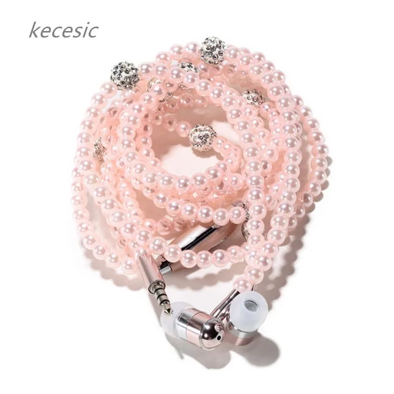 Фото Kecesic модные наушники роскошные с жемчужным ожерельем для девочек микрофоном iphone