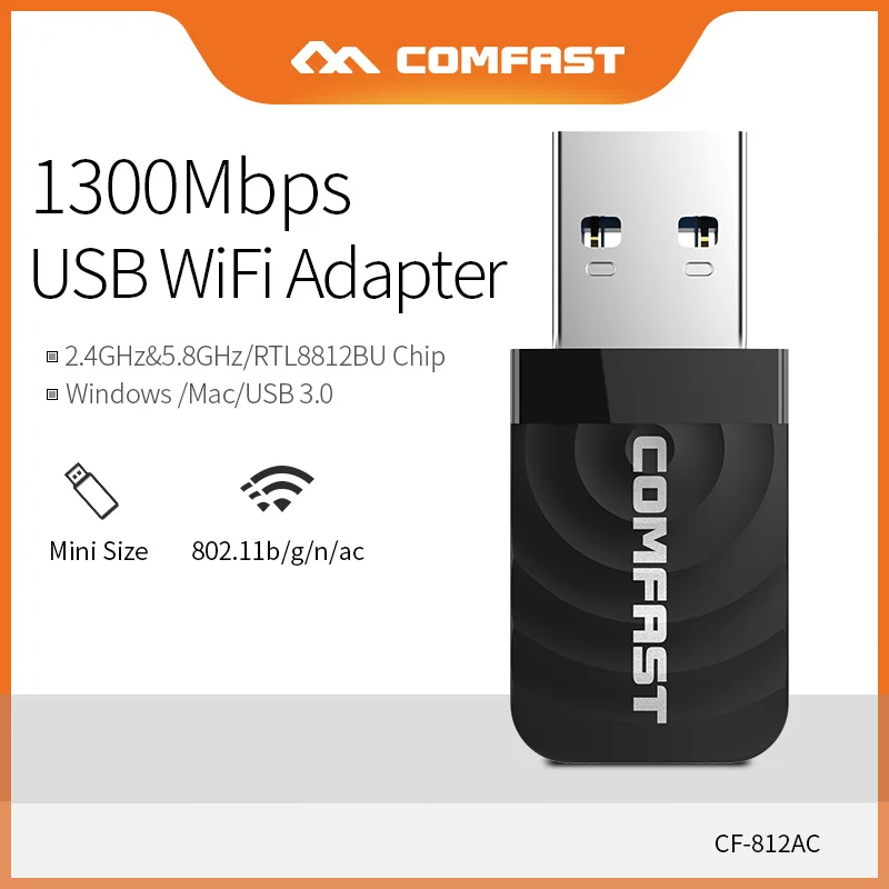 Comfast 1300Mbps USB Wifi Adapter Dual Band 2.4&5.8G USB 3.0 Receive and Launch Wifi Signal Support for Windows Mac CF-812AC
Comfast 1300Mbps USB Wifi Adapter Dual Band 2.4&5.8G USB 3.0 Receive and Launch Wifi Signal Support for Windows Mac CF-812AC