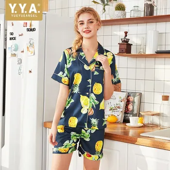 Summer High Quality Women Faux Silk Fruit Print Pajamas Sets Sigle Breasted Turn down Collar Tops And Short Pants Homewear Sets
Summer High Quality Women Faux Silk Fruit Print Pajamas Sets Sigle Breasted Turn down Collar Tops And Short Pants Homewear Sets