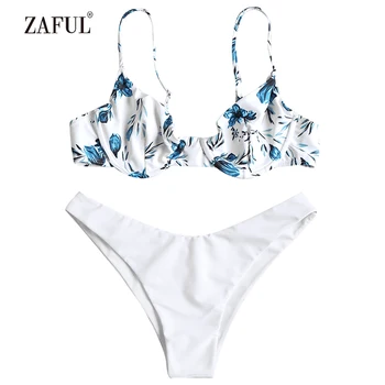 

ZAFUL Push Up Bikini Spaghetti Straps Swimwear Women High Cut Swimsuit Flower Print Sexy Low Waisted Bathing Suit Biquni maillot