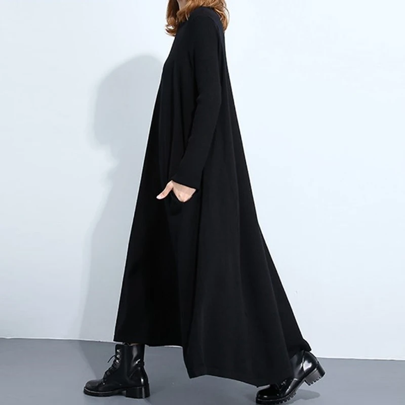 Surdimensionné L-5XL Femmes Tricoté Hiver Robes Chaudes og Manches Longues Col Haut Poches Latérales Longues Robe Solide Spørgsmål Plus La Waist Vestidos