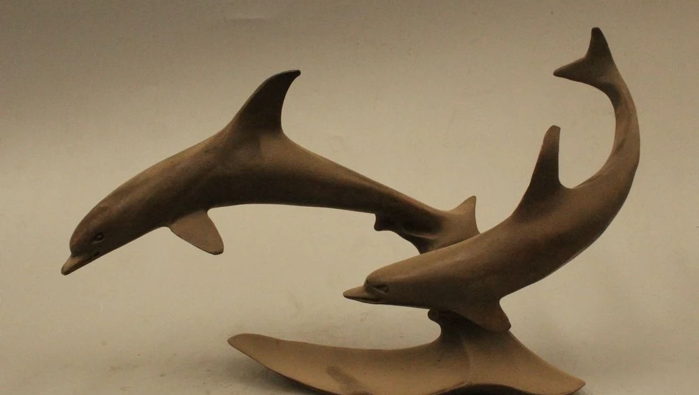 Lovely Chinese Bronze Two Playing Dolphin Delphinids Sea Fish Jumping Statue