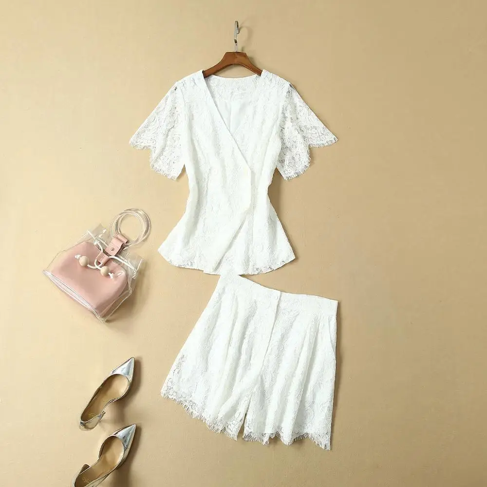 

Europe and the United States Women's clothing new for summer 2019 Short sleeve shirt shorts White lace suit